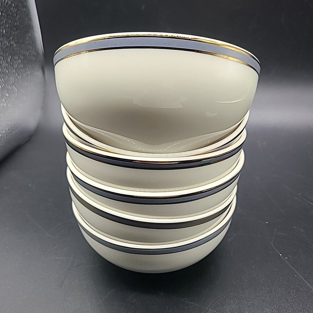 Pickard Set (6) BOWLS Fruit Dessert Snack Gray Gold Rim 4.5" Fine Porcelain New